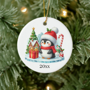 Ornamento De Cerâmica Pinguim bonito adicionar data e mensagem Natal