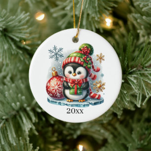 Ornamento De Cerâmica Pinguim bonito adicionar data e mensagem Natal