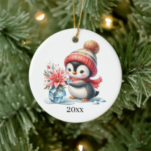 Ornamento De Cerâmica Pinguim bonito adicionar data e mensagem Natal