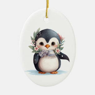 Ornamento De Cerâmica Pinguim bonito com espinho e Holly