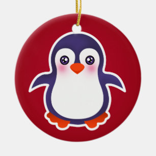 Ornamento De Cerâmica Pinguim Bonito Na Ilustração De Fundo Vermelho