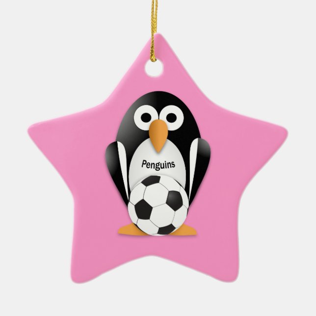 Ornamento De Cerâmica Pinguim com uma bola de futebol (Frente)