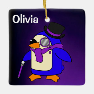 Ornamento De Cerâmica Pinguim de desenho animado bonito, roxo profundo e
