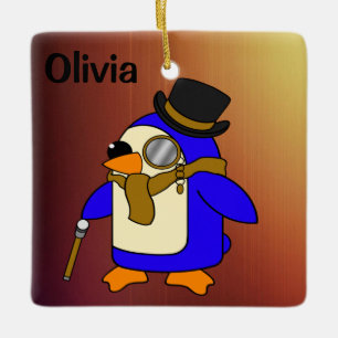 Ornamento De Cerâmica Pinguim de desenho animado, branco, castanho-claro