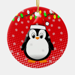 Ornamento De Cerâmica Pinguim de desenho animado fofo chapéu de Papai No