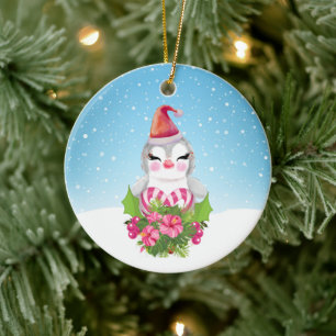 Ornamento De Cerâmica Pinguim de Natal bonito em Santa Hat