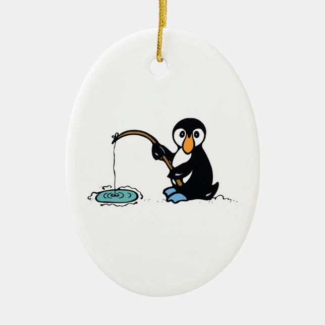 Ornamento De Cerâmica pinguim de pesca giro (Frente)