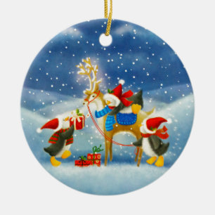 Ornamento De Cerâmica Pinguim e Reindeer