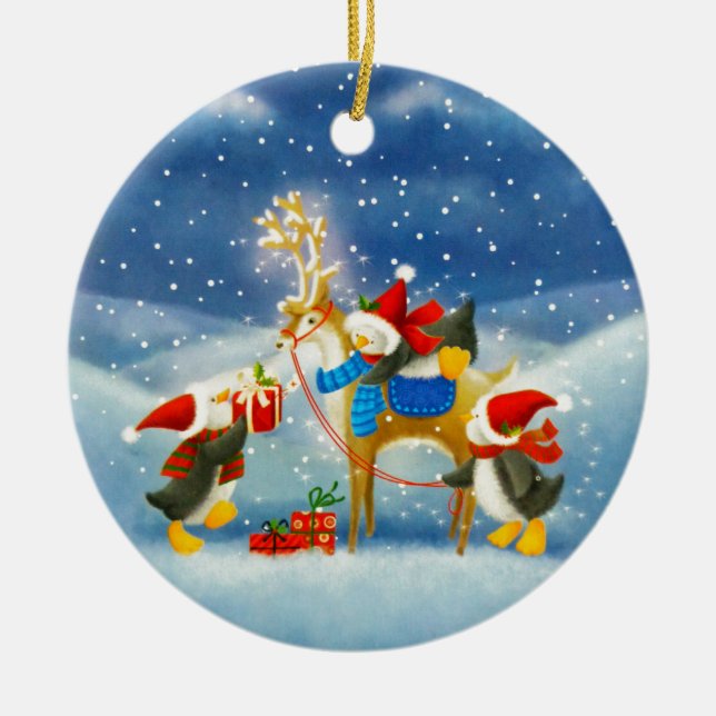 Ornamento De Cerâmica Pinguim e Reindeer (Frente)