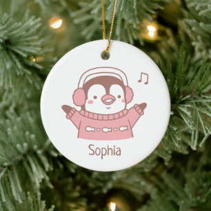 Ornamento De Cerâmica Pinguim Feliz Fofo com Suéter Personalizado
