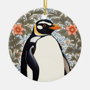 Ornamento De Cerâmica Pinguim Fofo em Fundo Floral Colorido e Elegante
