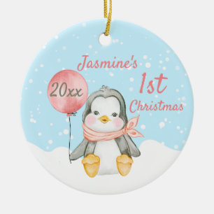 Ornamento De Cerâmica Pinguim Gelado Primeiro Rosa de Natal