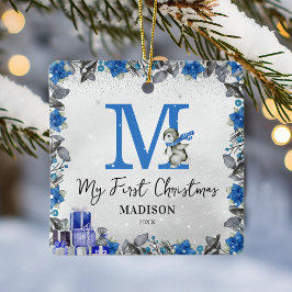 Ornamento De Cerâmica Pinguim Monograma Baby Stats Primeiro Natal