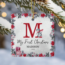 Ornamento De Cerâmica Pinguim Monograma Baby Stats Primeiro Natal