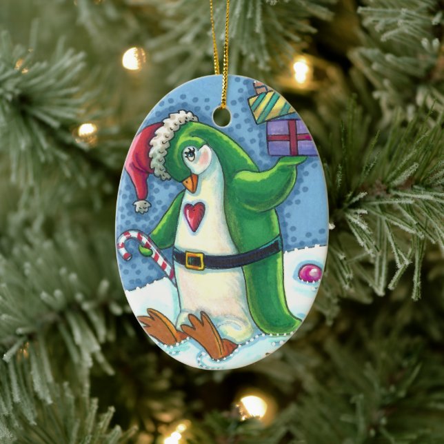 ORNAMENTO DE CERÂMICA PINGUIM NATAL CUTO VESTIDO EM VERDE, FERIADO (Árvore)