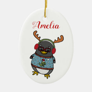 Ornamento De Cerâmica Pinguim Nerd Nome personalizado Natal