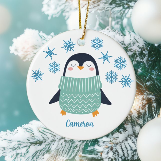 Ornamento De Cerâmica Pinguim Personalizado Bonito Floco de Neve Criança (Criador carregado)