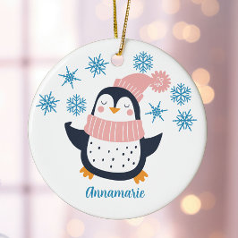 Ornamento De Cerâmica Pinguim-Rosa-Rosa Bonito, Personalizado, Natal