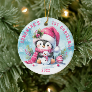 Ornamento De Cerâmica Pinguim Rosa Rosa Personalizado Rapariga 1rua Nata