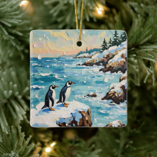 Ornamento De Cerâmica Pinguins Antigos na Falésia de Natal Costeira Neva
