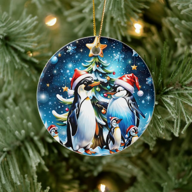 Ornamento De Cerâmica Pinguins bonitos num estilo animado, (Árvore)