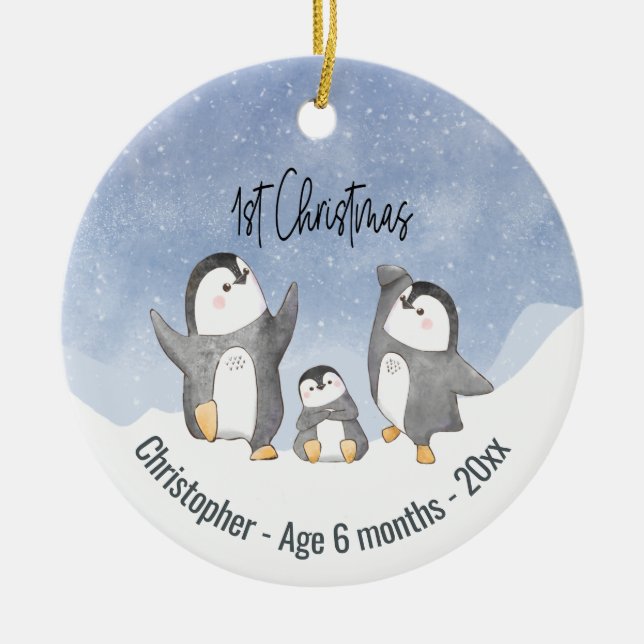 Ornamento De Cerâmica Pinguins Bonitos Primeiro Natal (Frente)