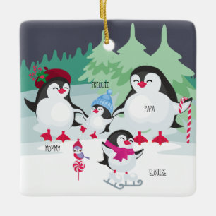 Ornamento De Cerâmica Pinguins Cortes com Nomes para Família de 4