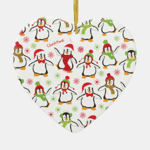 Ornamento De Cerâmica Pinguins de dança, vermelho e verde, Natal