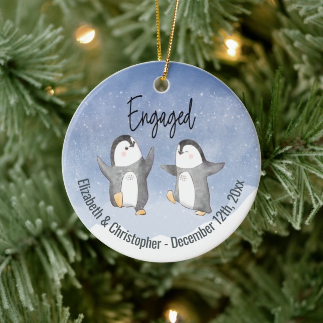 Ornamento De Cerâmica Pinguins De Inverno Cachos Monogramados Engajados (Árvore)