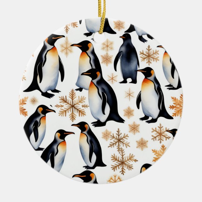 Ornamento De Cerâmica Pinguins e flocos de neve Natal e Ano Novo (Frente)