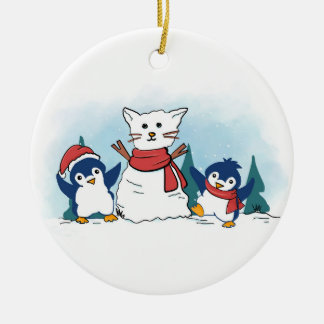 Ornamento De Cerâmica Pinguins nevados construindo um Gato de Neve de Na