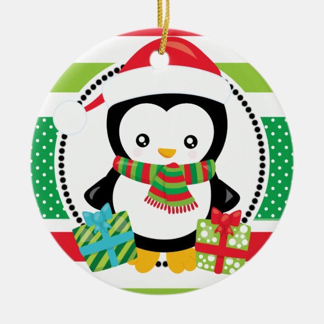 Ornamento De Cerâmica Pinguins personalizados do Natal com feriado dos (Frente)