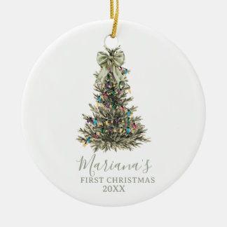 Ornamento De Cerâmica Pinheiros de Natal com Laço de Sage Verde Primeiro