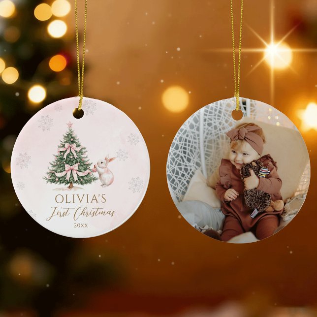 Ornamento De Cerâmica Pink Baby Girl First Christmas Snowflakes Photo (Criador carregado)