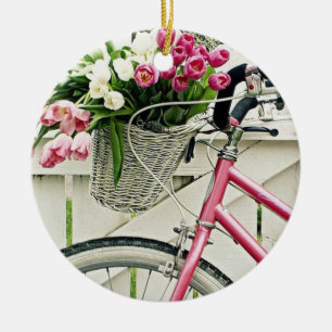 ORNAMENTO DE CERÂMICA PINK "BICICICLETA" COM FLORES DE BASQUETE