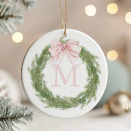 Ornamento De Cerâmica Pink Bow Monogram Wreath Christmas
