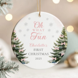 Ornamento De Cerâmica Pink Bow Pine Tree Baby's First Christmas
