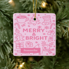 Ornamento De Cerâmica Pink Christmas Doodle | Feliz e Brilho