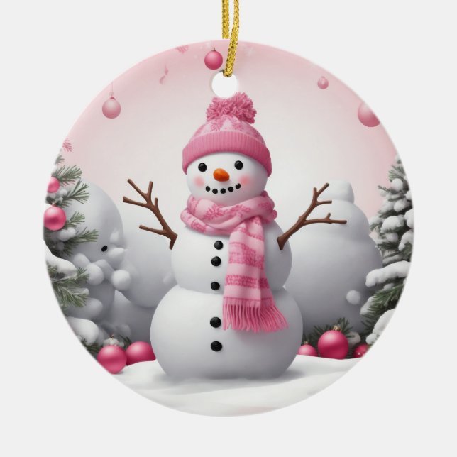 Ornamento De Cerâmica Pink Christmas Snowman (Frente)