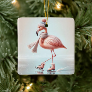 Ornamento De Cerâmica Pink Flamingo Ice Skate