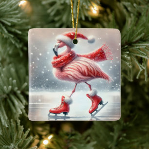 Ornamento De Cerâmica Pink Flamingo Ice Skate