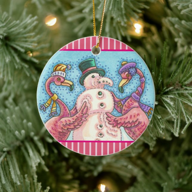 ORNAMENTO DE CERÂMICA PINK FLAMINGO SNOWMAN, AVES DE NATAL ENGRAÇADAS (Árvore)