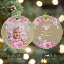 Ornamento De Cerâmica Pink Floral Baby Girl First Christmas