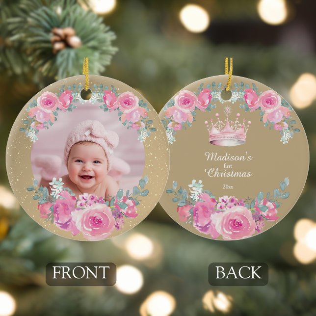Ornamento De Cerâmica Pink Floral Baby Girl First Christmas (baby girls first christmas personalized photo pink gold floral ornament with custom name and year)