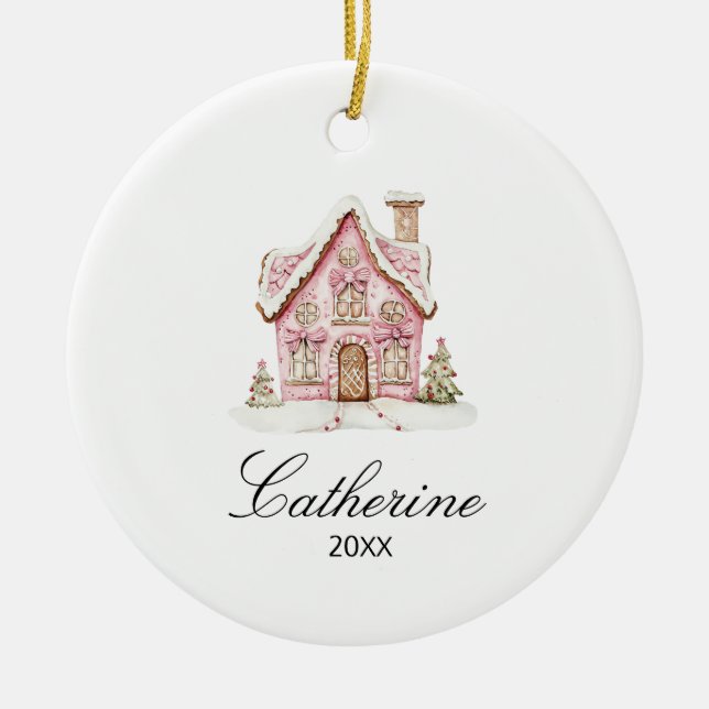 Ornamento De Cerâmica Pink Gingerbread House Christmas Custom Name (Frente)