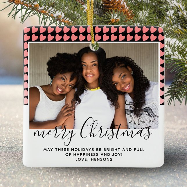 Ornamento De Cerâmica Pink Heart Pattern Feliz Foto de Natal (Criador carregado)