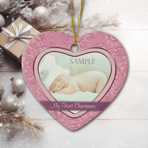 Ornamento De Cerâmica Pink Heart Swirl Baby First Christmas