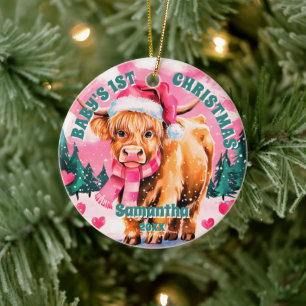 Ornamento De Cerâmica Pink Highland Cow Baby 1rua Foto de Natal