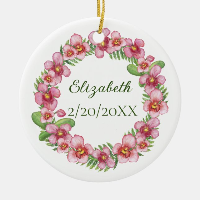 Ornamento De Cerâmica Pink personalizado e Natal Floral Verde (Frente)