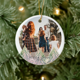 Ornamento De Cerâmica Pink Watercolor Trees Merry Christmas Family Photo